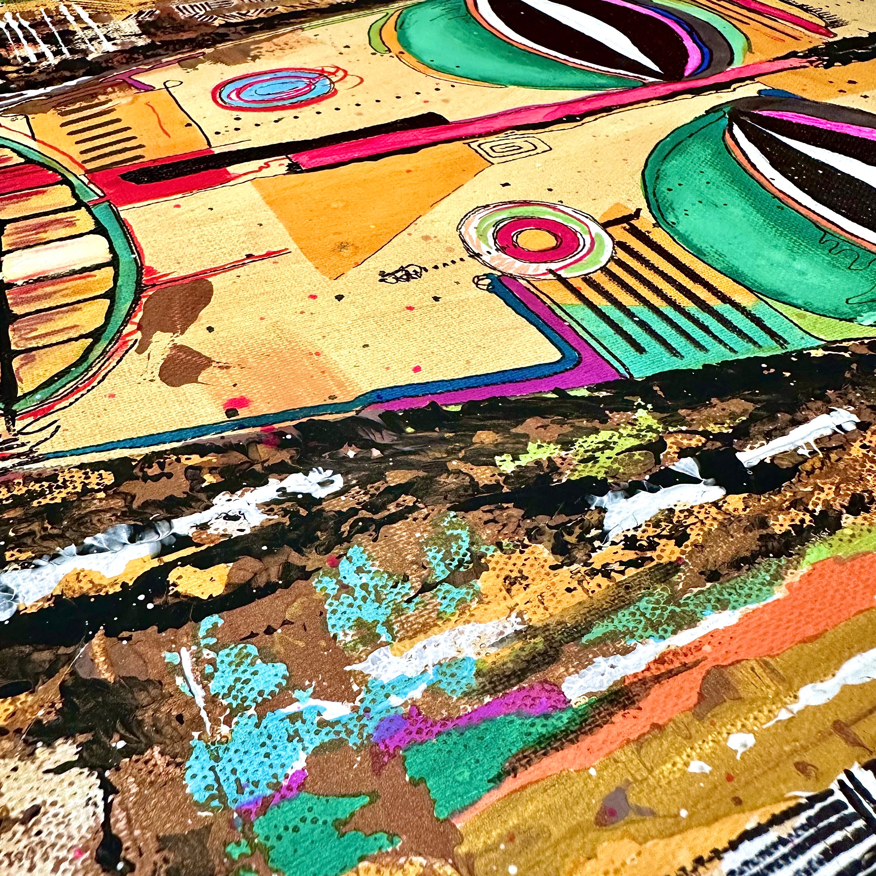 Abstract African mask painting, textured acrylic on canvas, colorful mixed media artwork by Nadine Hamata